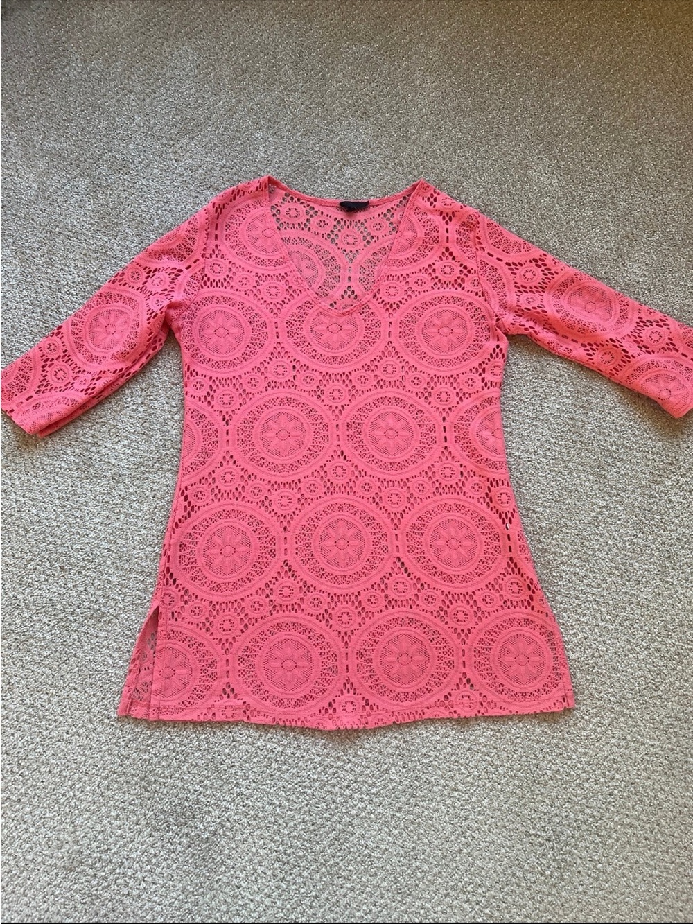 Crochet Lace Swim Coverup Tunic in Coral Pink